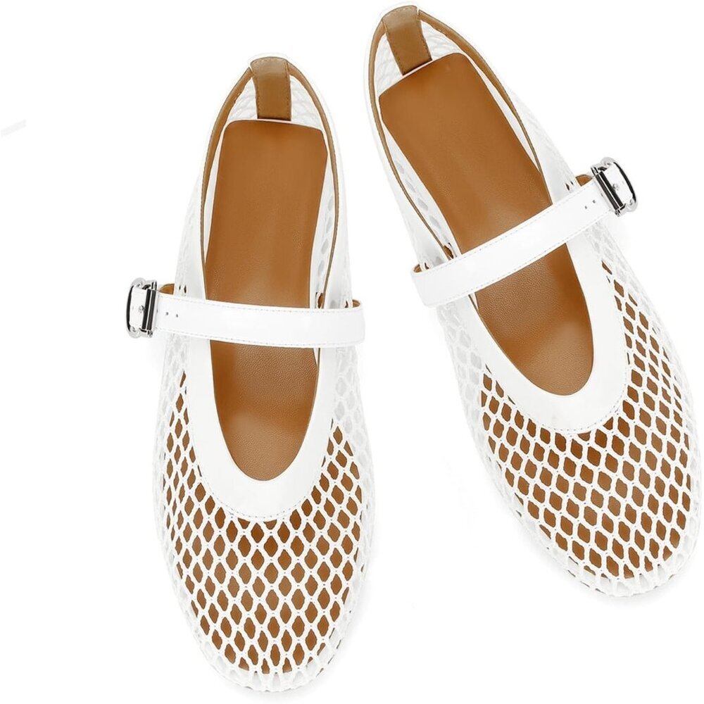 Women's White Mesh Ballet Flats Buckle Strap Fishnet Casual Comfy Office Shoes - Picture 4 of 6